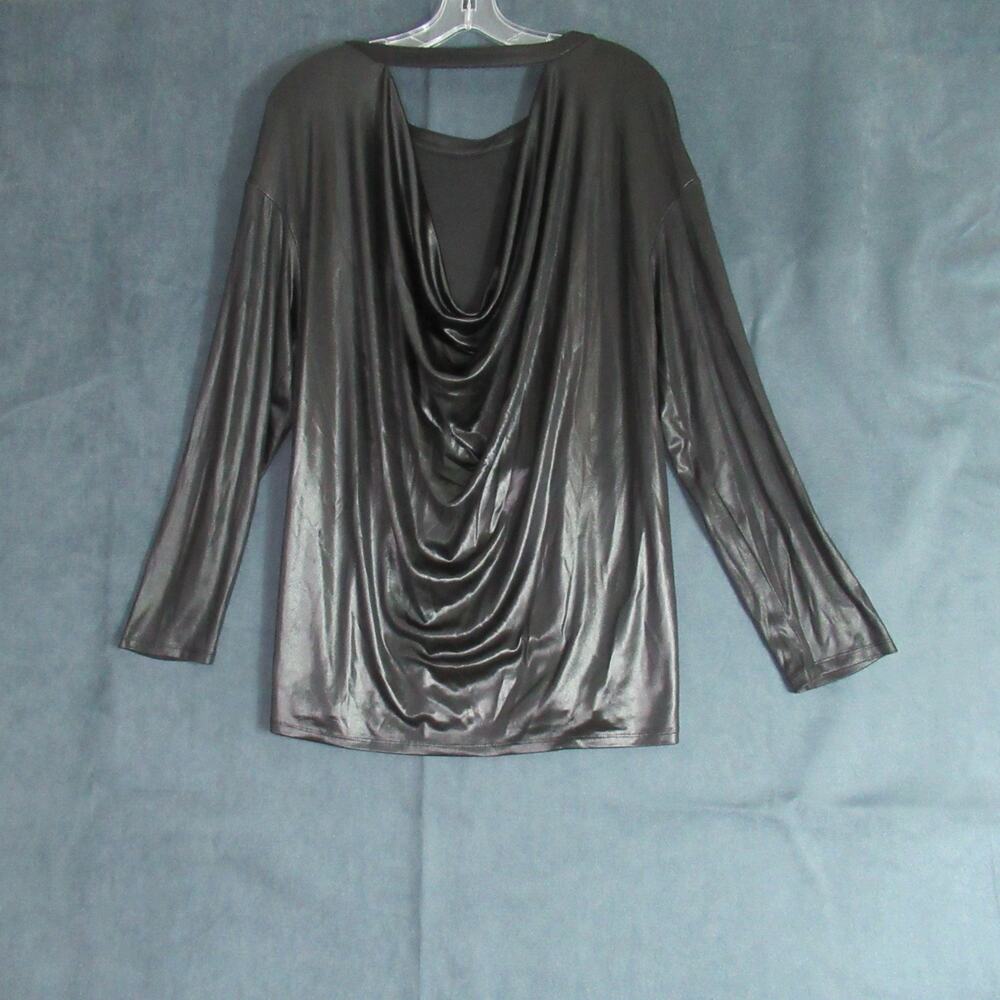 Halogen Top Women Size XL Black Shiny Low Back Going Out Chic Long Sleeve Blouse